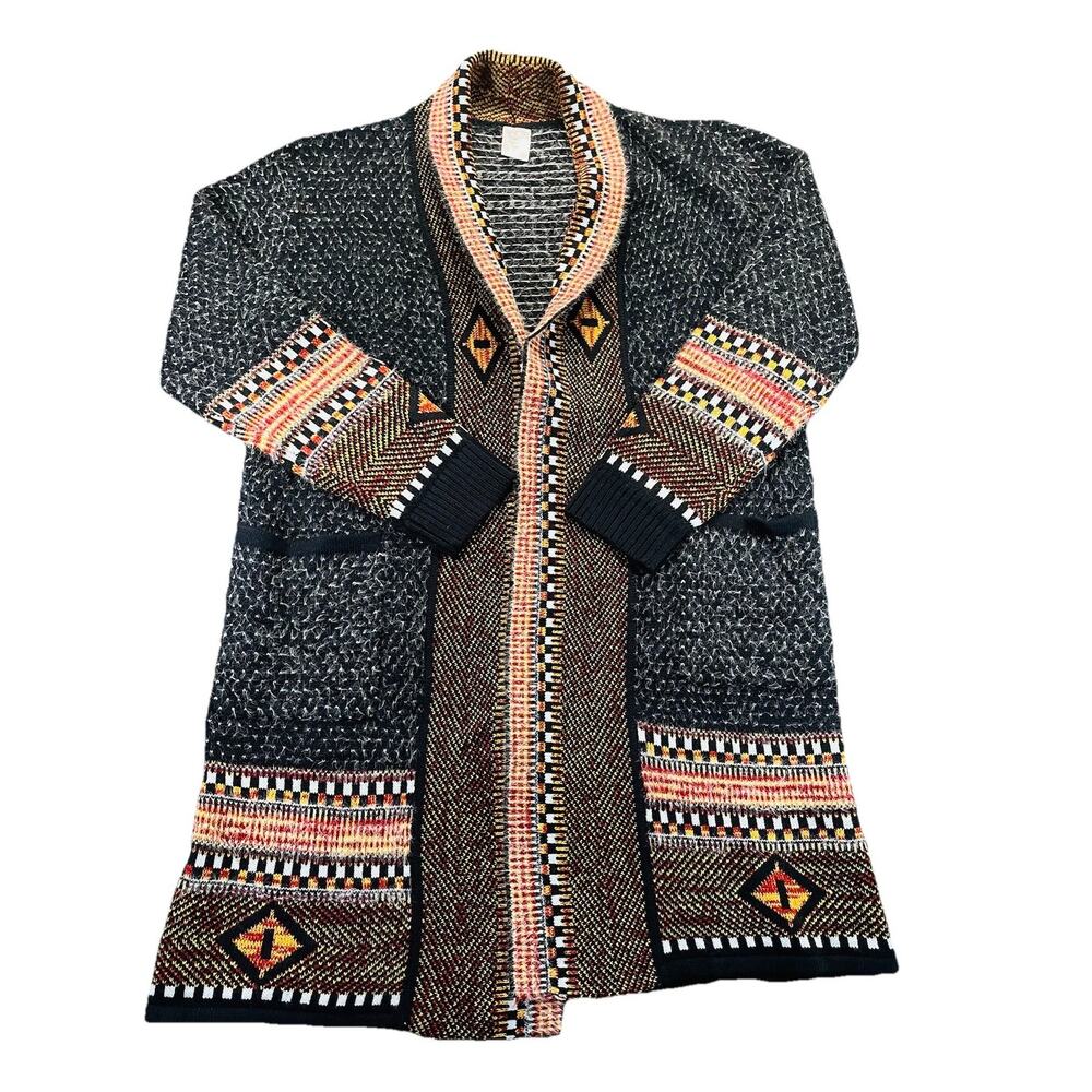 Happy Trunks Boho Long Cardigan L/XL Southwestern Aztec Fuzzy Eyelash Knit Black